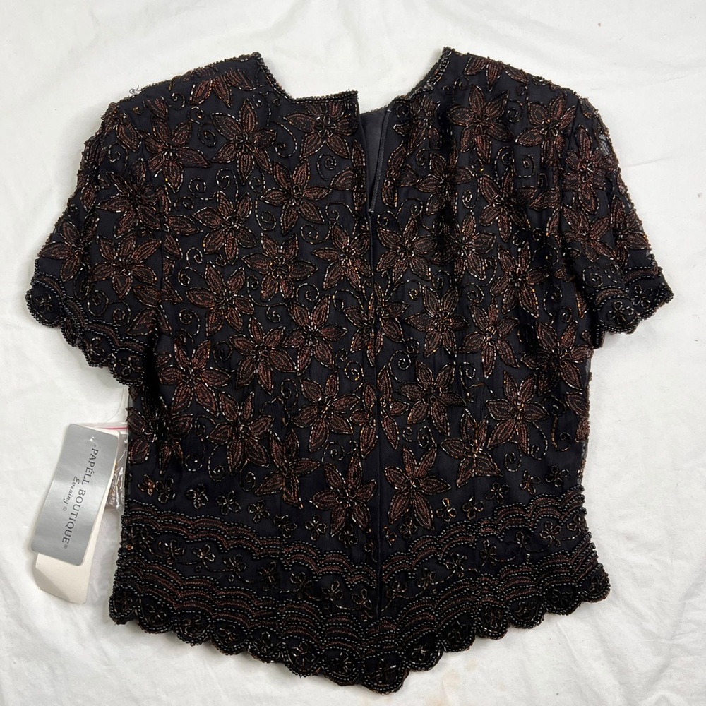 Papell Boutique NEW Womens Sz S brown Silk Beaded Evening Blouse Dressy A040423 - Picture 3 of 7